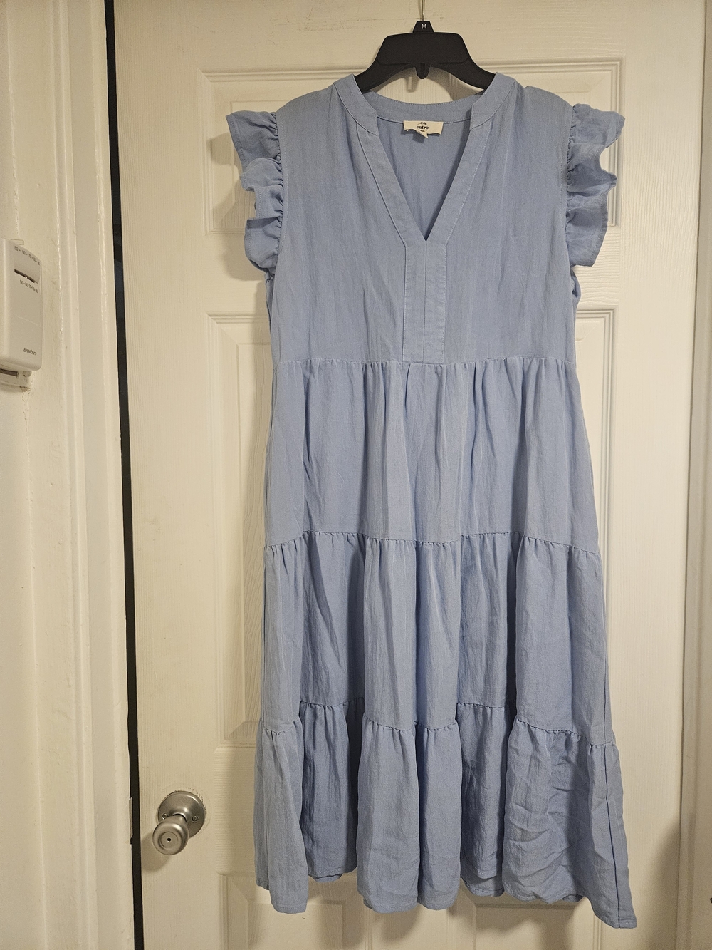 entro Sky Blue Tiered Midi Dress with Ruffled Cap Sleeves And Pockets